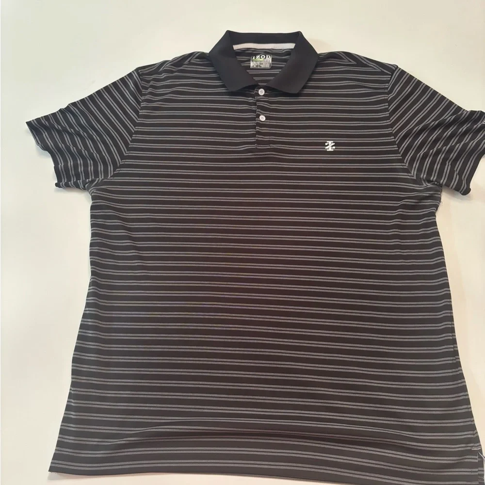 IZOD Golf Polo Shirt XL Black Gray Stripe Performance Stretch Short Sleeve